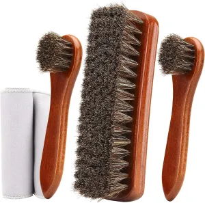 4-Piece Horsehair Shoe Brush Shine Kit, Shoe Polish Kit, Leather Shoes Boot Clea
