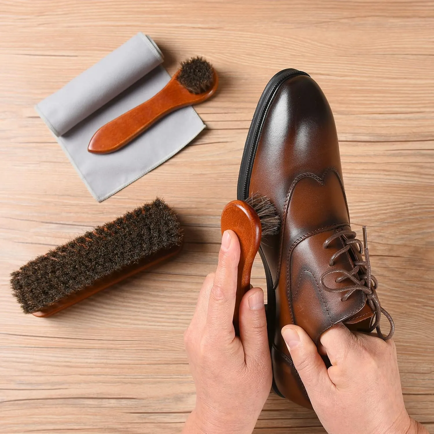 4-Piece Horsehair Shoe Brush Shine Kit, Shoe Polish Kit, Leather Shoes Boot Clea