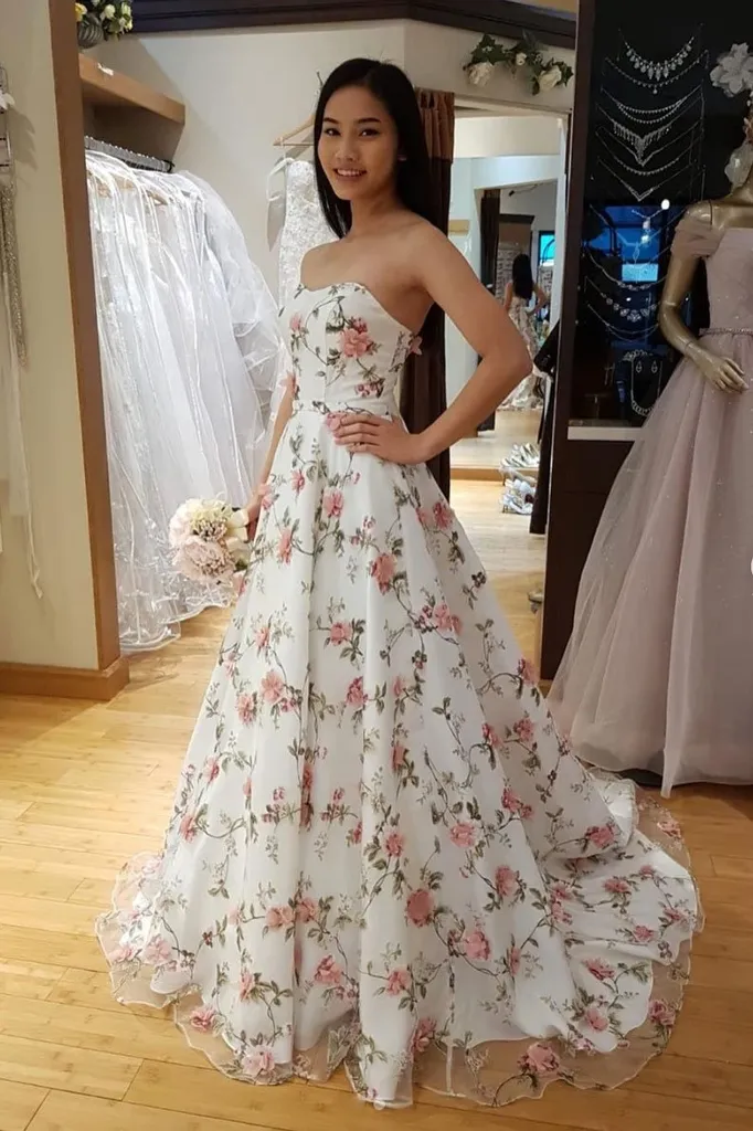 A Line Floral Long Prom Dress Strapless Beautiful Flower Printed Prom Dress OKR43