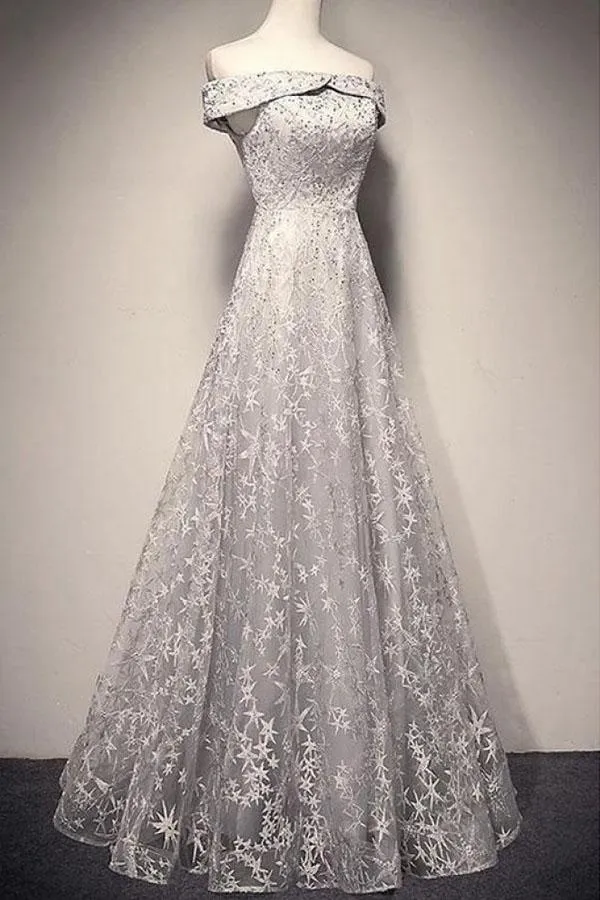 A Line Light Grey Off Shoulder Long Lace Prom Dresses TP0162