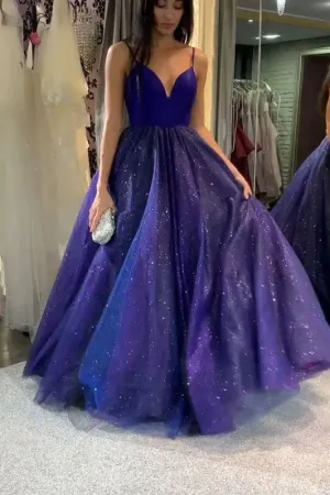 A-line Spaghetti Straps Sparkly Long Simple Prom Dress Evening Dress OKT8