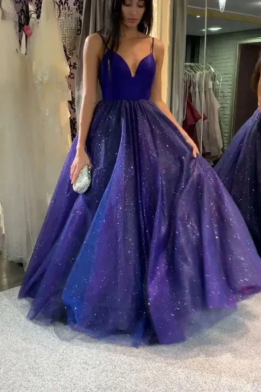 A-line Spaghetti Straps Sparkly Long Simple Prom Dress Evening Dress OKT8