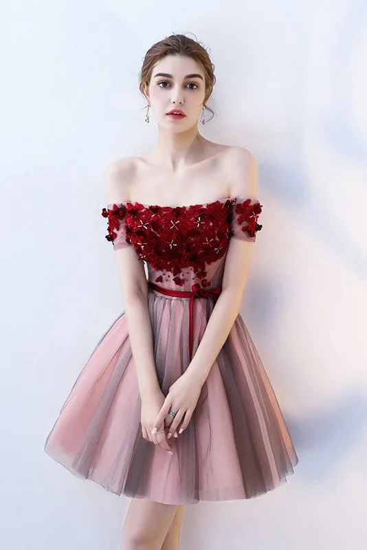 A-Line Strapless Red Flowers Short Tulle Homecoming Dresses OKC66