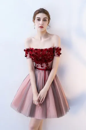 A-Line Strapless Red Flowers Short Tulle Homecoming Dresses OKC66