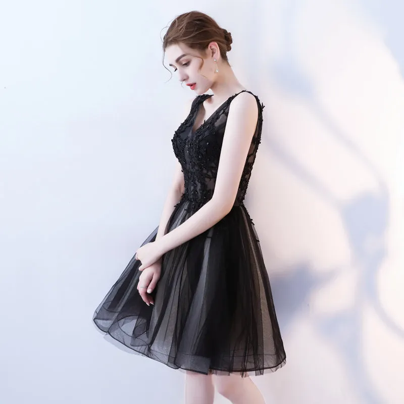 A Line V Neck Black Homecoming Dress, Short Tulle Appliques Prom Dress OKN63
