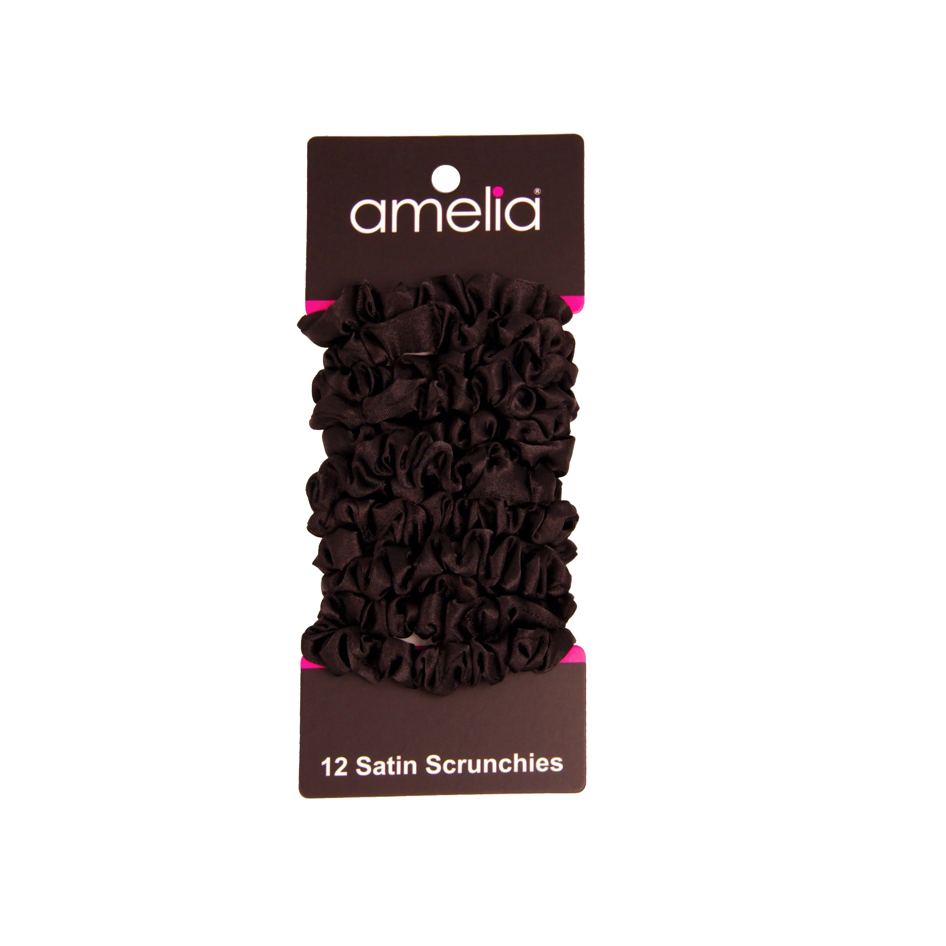 Amelia Beauty, Black Satin Scrunchies, 2.25in Diameter, Gentle on Hair, Strong Hold, No Snag, No Dents or Creases. 12 Pack