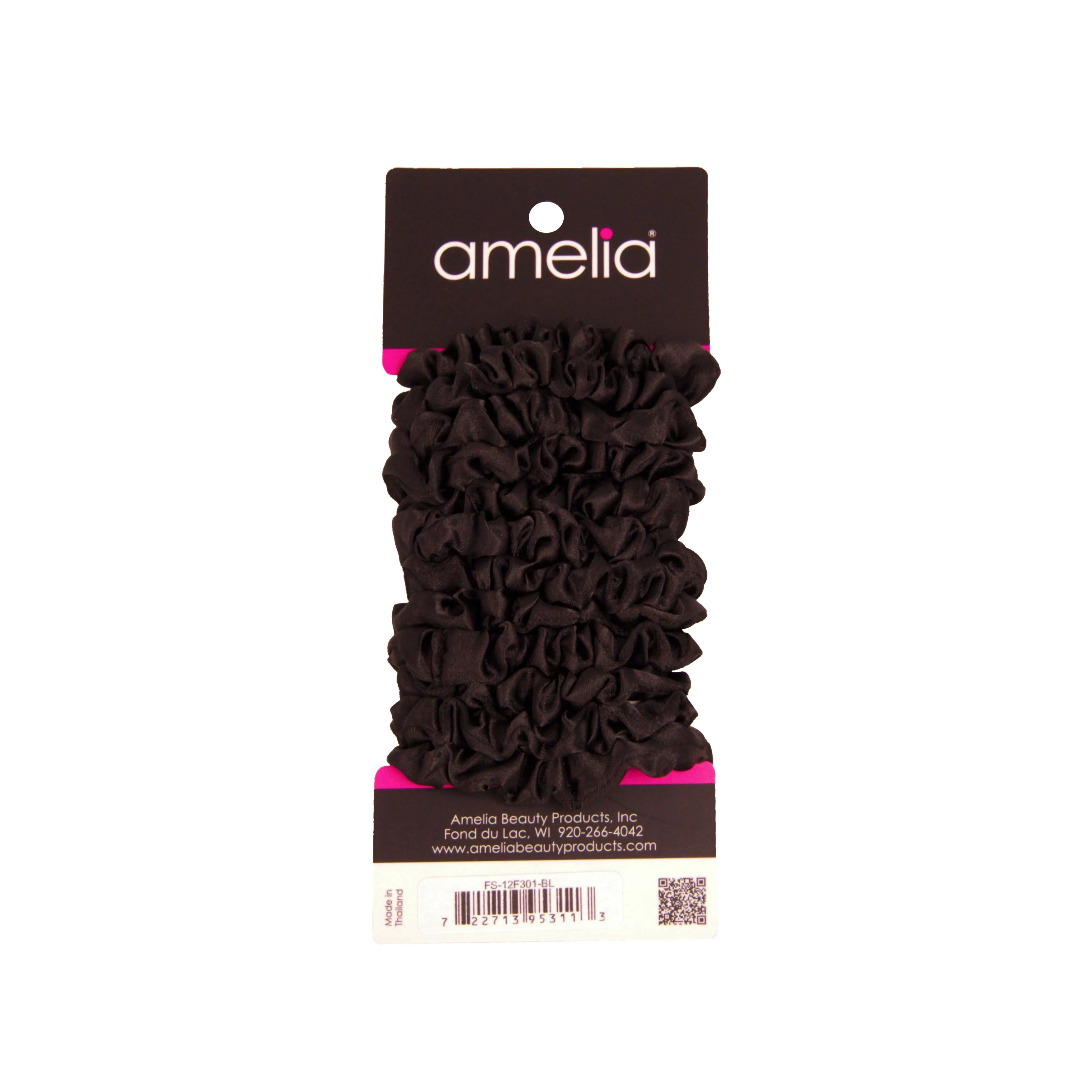 Amelia Beauty, Black Satin Scrunchies, 2.25in Diameter, Gentle on Hair, Strong Hold, No Snag, No Dents or Creases. 12 Pack