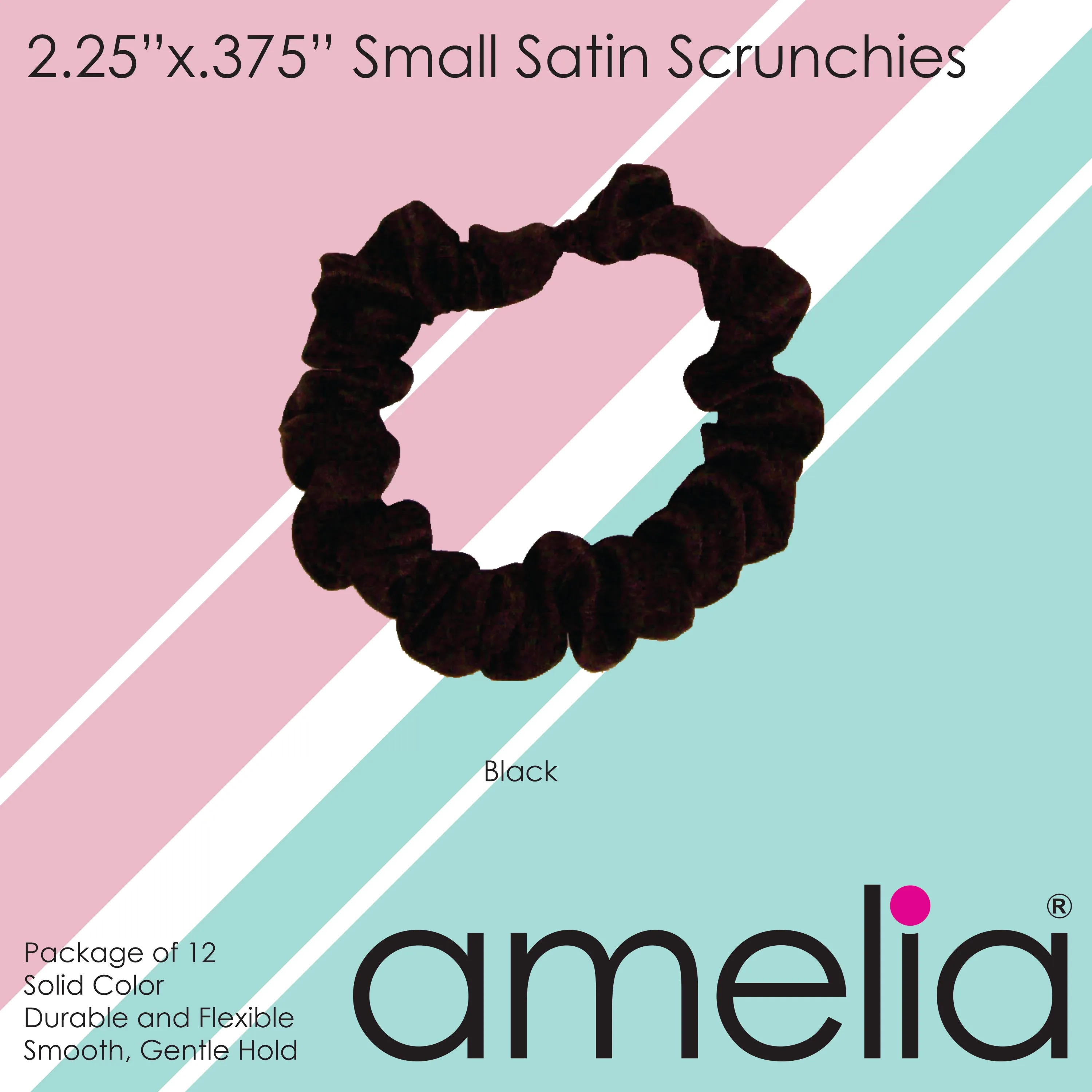 Amelia Beauty, Black Satin Scrunchies, 2.25in Diameter, Gentle on Hair, Strong Hold, No Snag, No Dents or Creases. 12 Pack
