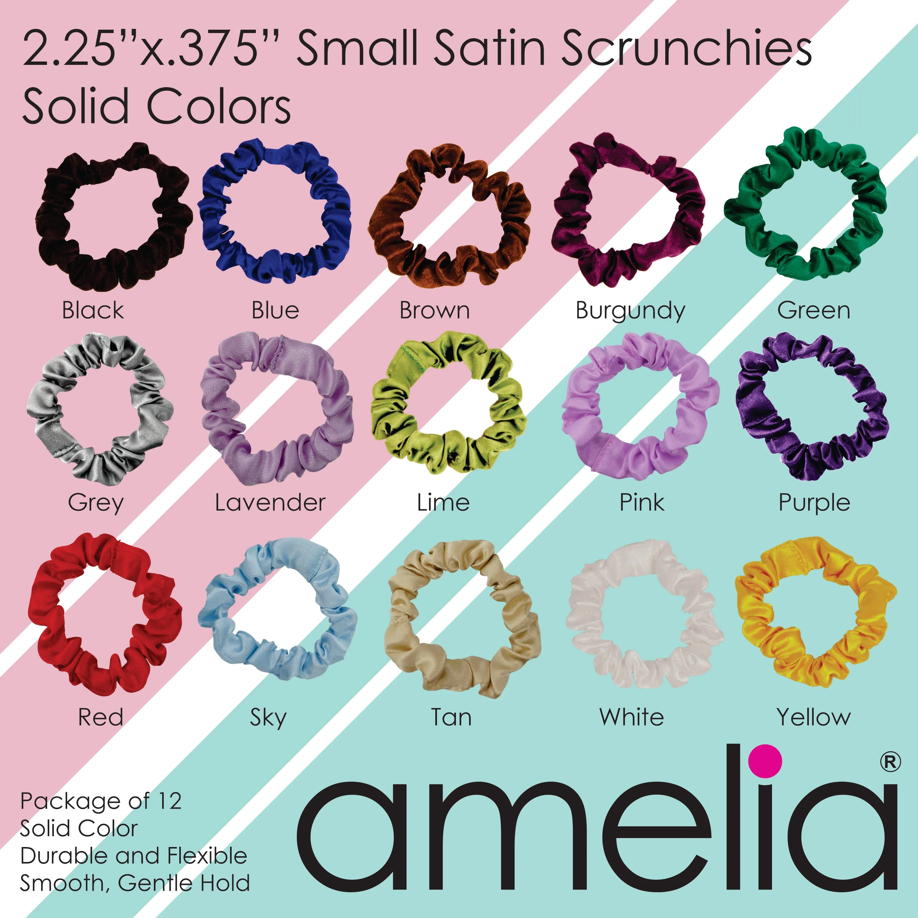 Amelia Beauty, Gray Satin Scrunchies, 2.25in Diameter, Gentle on Hair, Strong Hold, No Snag, No Dents or Creases. 12 Pack