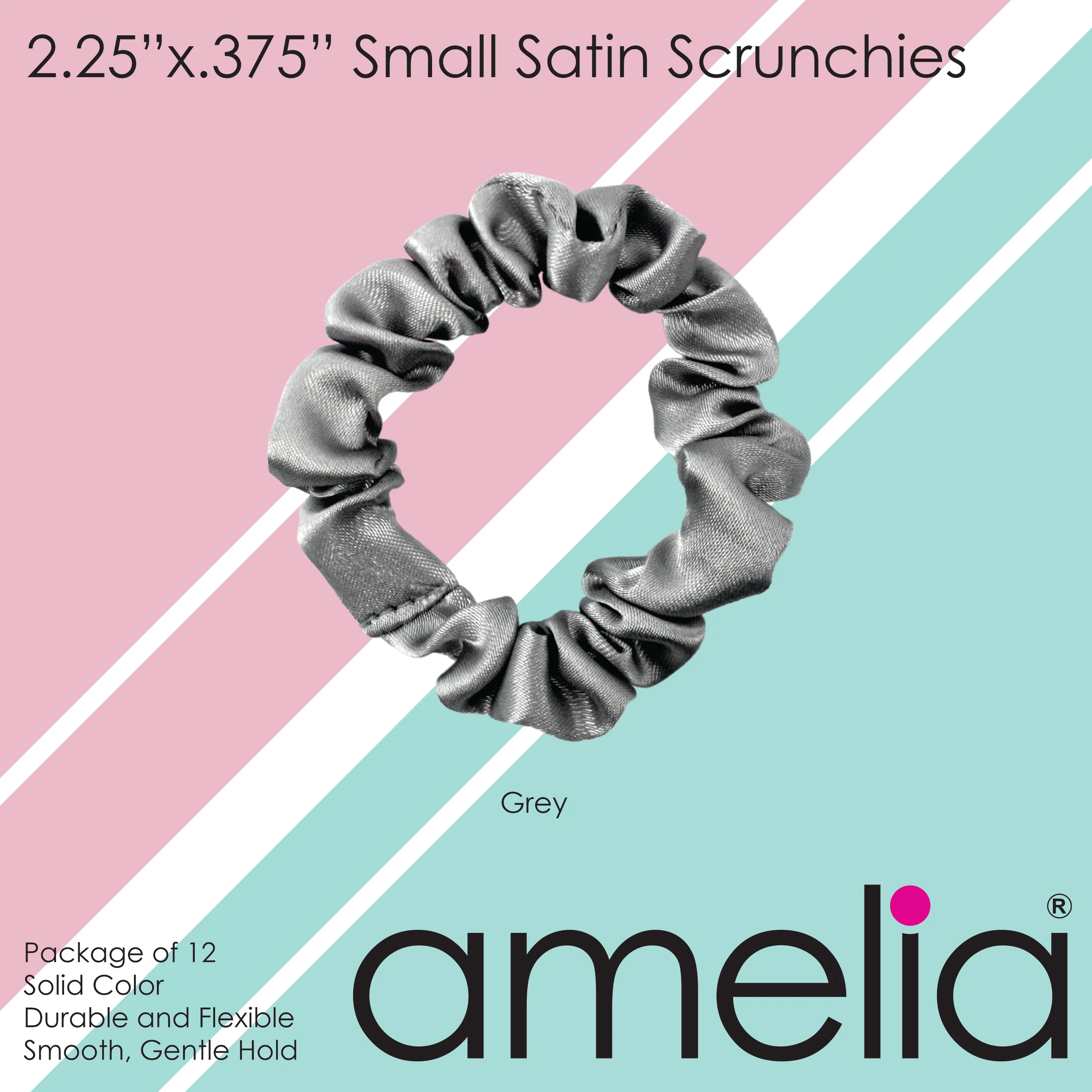 Amelia Beauty, Gray Satin Scrunchies, 2.25in Diameter, Gentle on Hair, Strong Hold, No Snag, No Dents or Creases. 12 Pack