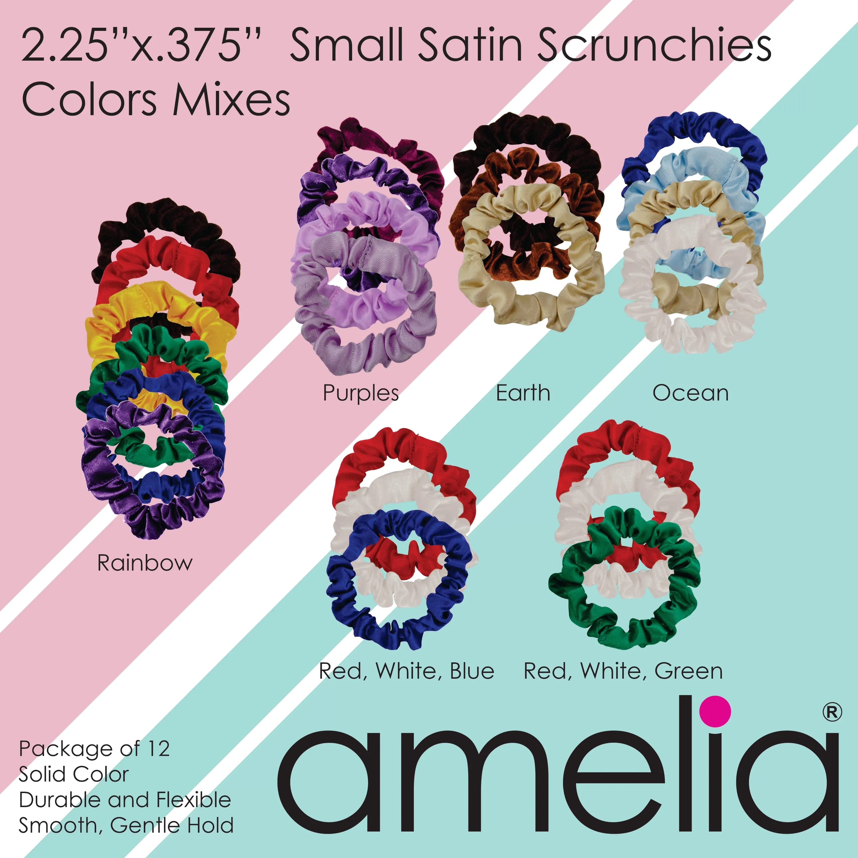 Amelia Beauty, Gray Satin Scrunchies, 2.25in Diameter, Gentle on Hair, Strong Hold, No Snag, No Dents or Creases. 12 Pack