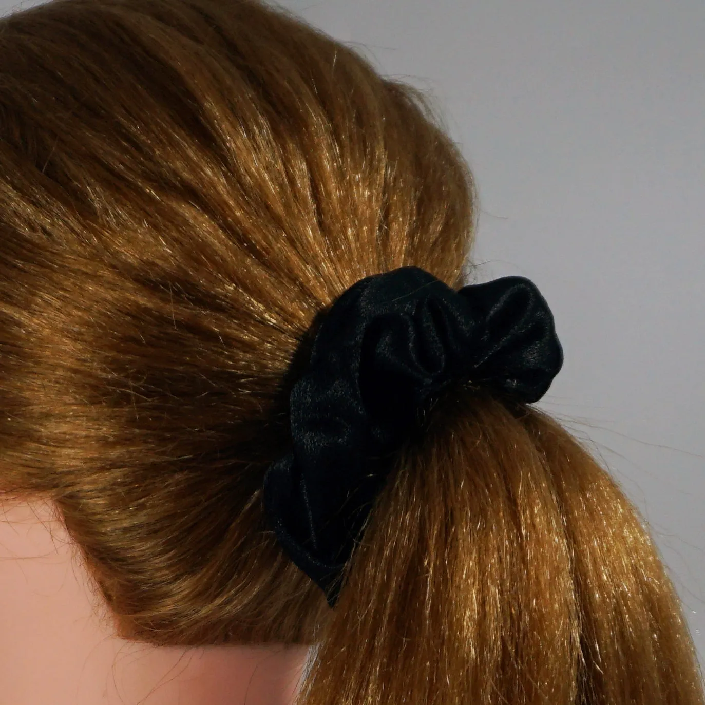 Amelia Beauty Products, Black Imitation Silk Scrunchies, 4.5in Diameter, Gentle on Hair, Strong Hold, No Snag, No Dents or Creases. 6 Pack