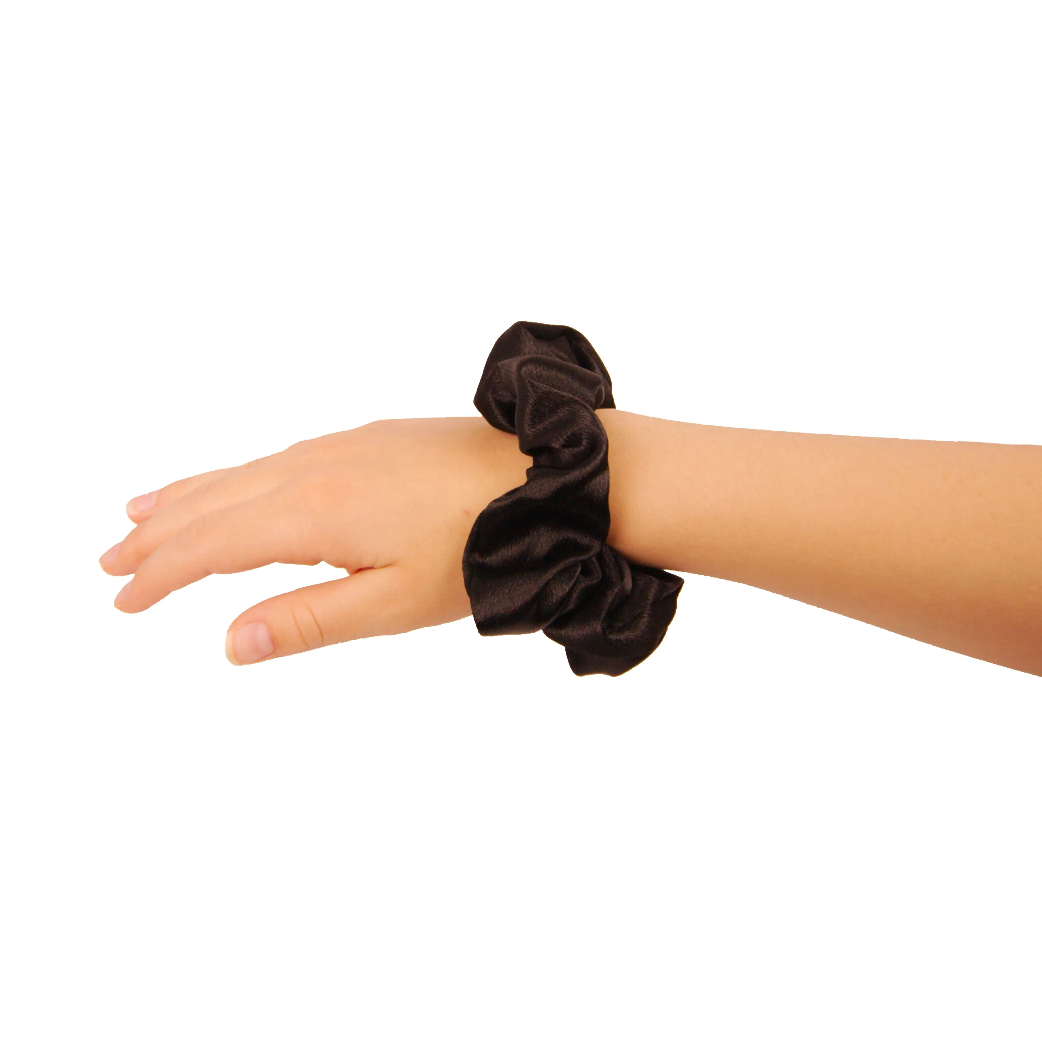 Amelia Beauty Products, Black Imitation Silk Scrunchies, 4.5in Diameter, Gentle on Hair, Strong Hold, No Snag, No Dents or Creases. 6 Pack