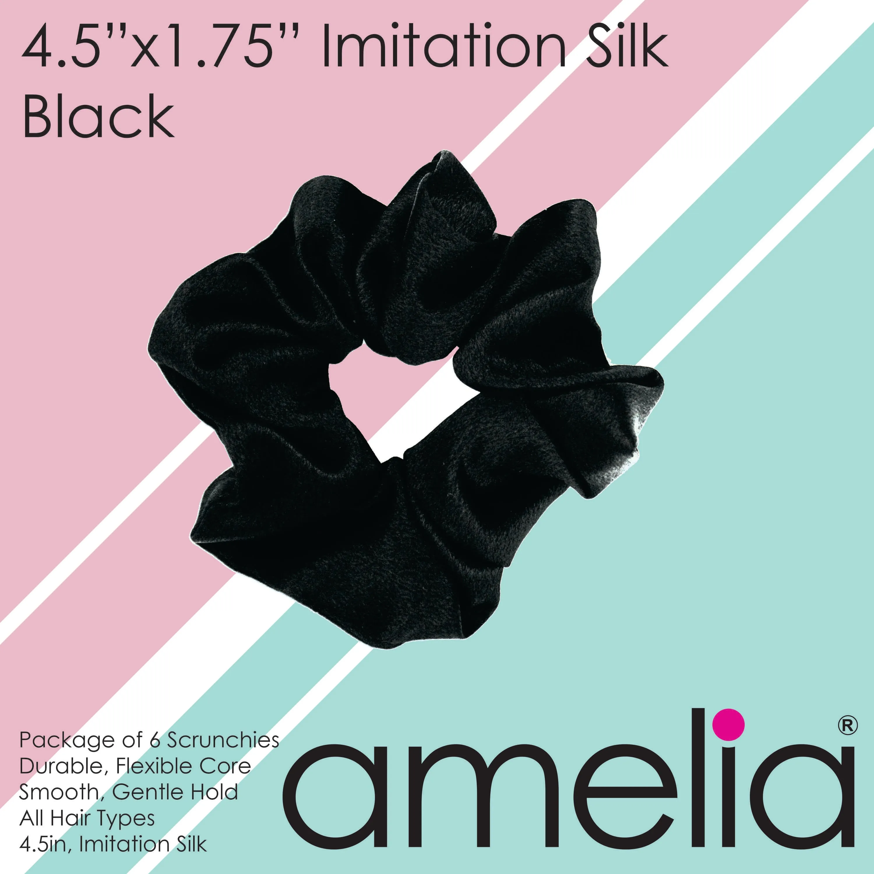 Amelia Beauty Products, Black Imitation Silk Scrunchies, 4.5in Diameter, Gentle on Hair, Strong Hold, No Snag, No Dents or Creases. 6 Pack