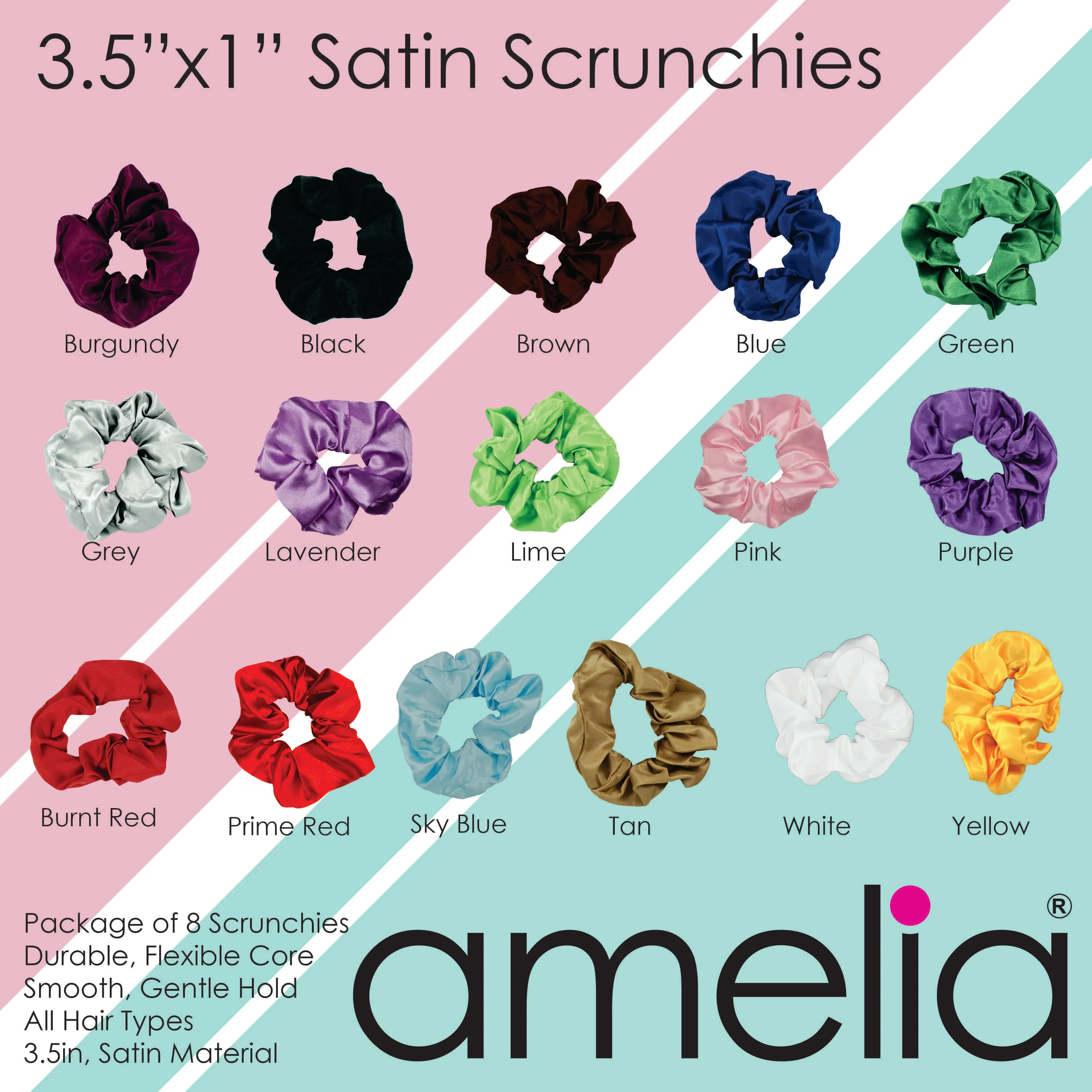 Amelia Beauty Products, Black Satin Scrunchies, 3.5in Diameter, Gentle on Hair, Strong Hold, No Snag, No Dents or Creases. 8 Pack