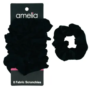 Amelia Beauty Products, Black Satin Scrunchies, 3.5in Diameter, Gentle on Hair, Strong Hold, No Snag, No Dents or Creases. 8 Pack