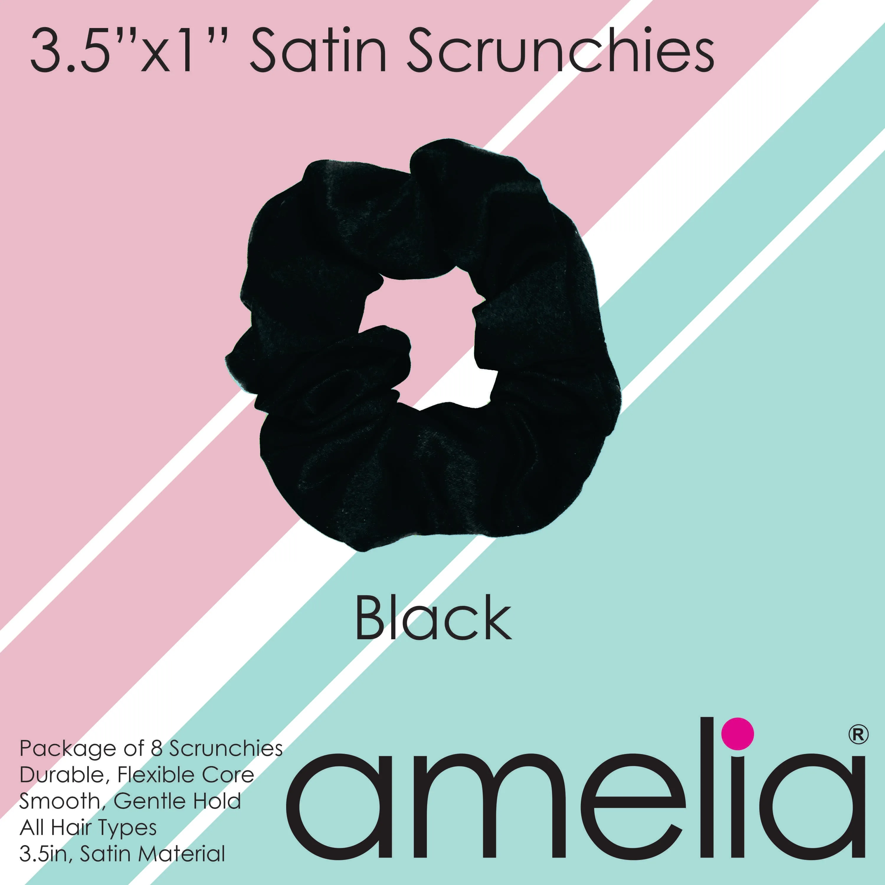 Amelia Beauty Products, Black Satin Scrunchies, 3.5in Diameter, Gentle on Hair, Strong Hold, No Snag, No Dents or Creases. 8 Pack