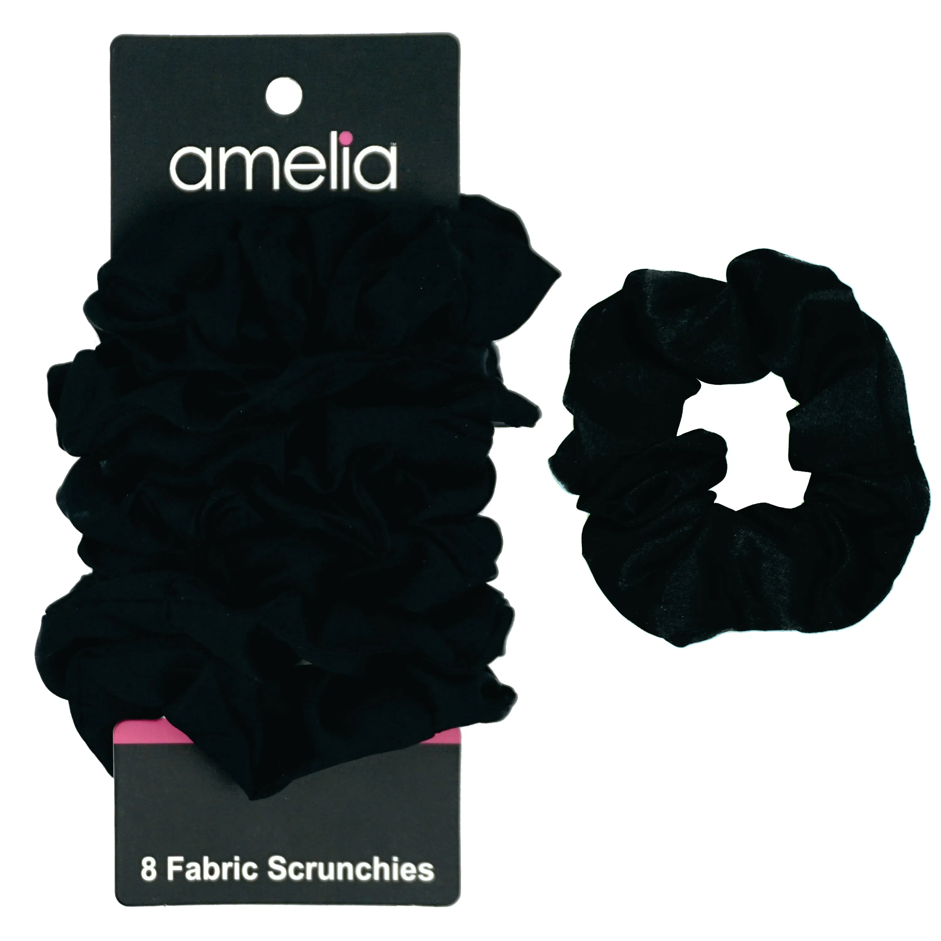 Amelia Beauty Products, Black Satin Scrunchies, 3.5in Diameter, Gentle on Hair, Strong Hold, No Snag, No Dents or Creases. 8 Pack