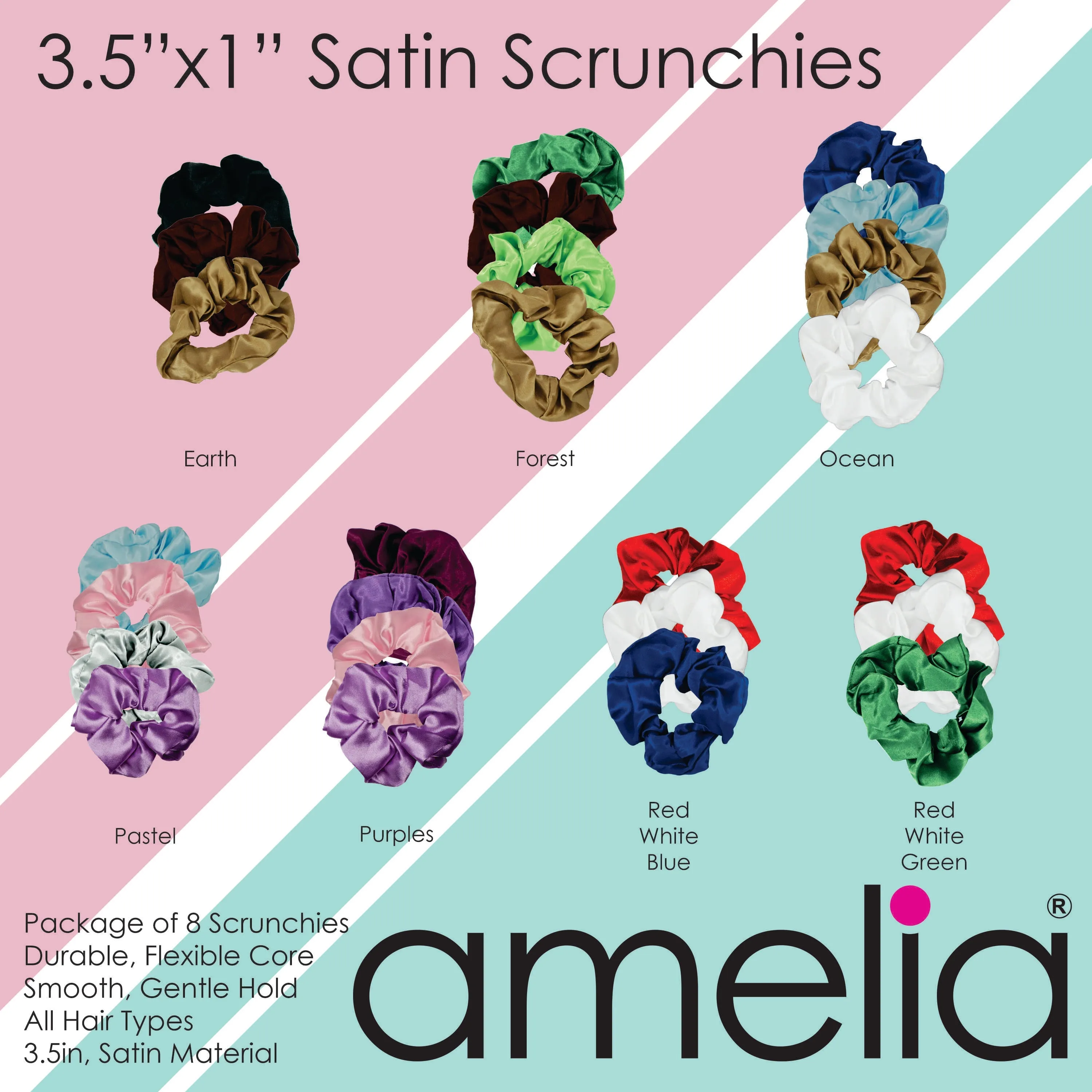 Amelia Beauty Products, Rainbow Colors Satin Scrunchies, 3.5in Diameter, Gentle on Hair, Strong Hold, No Snag, No Dents or Creases. 8 Pack