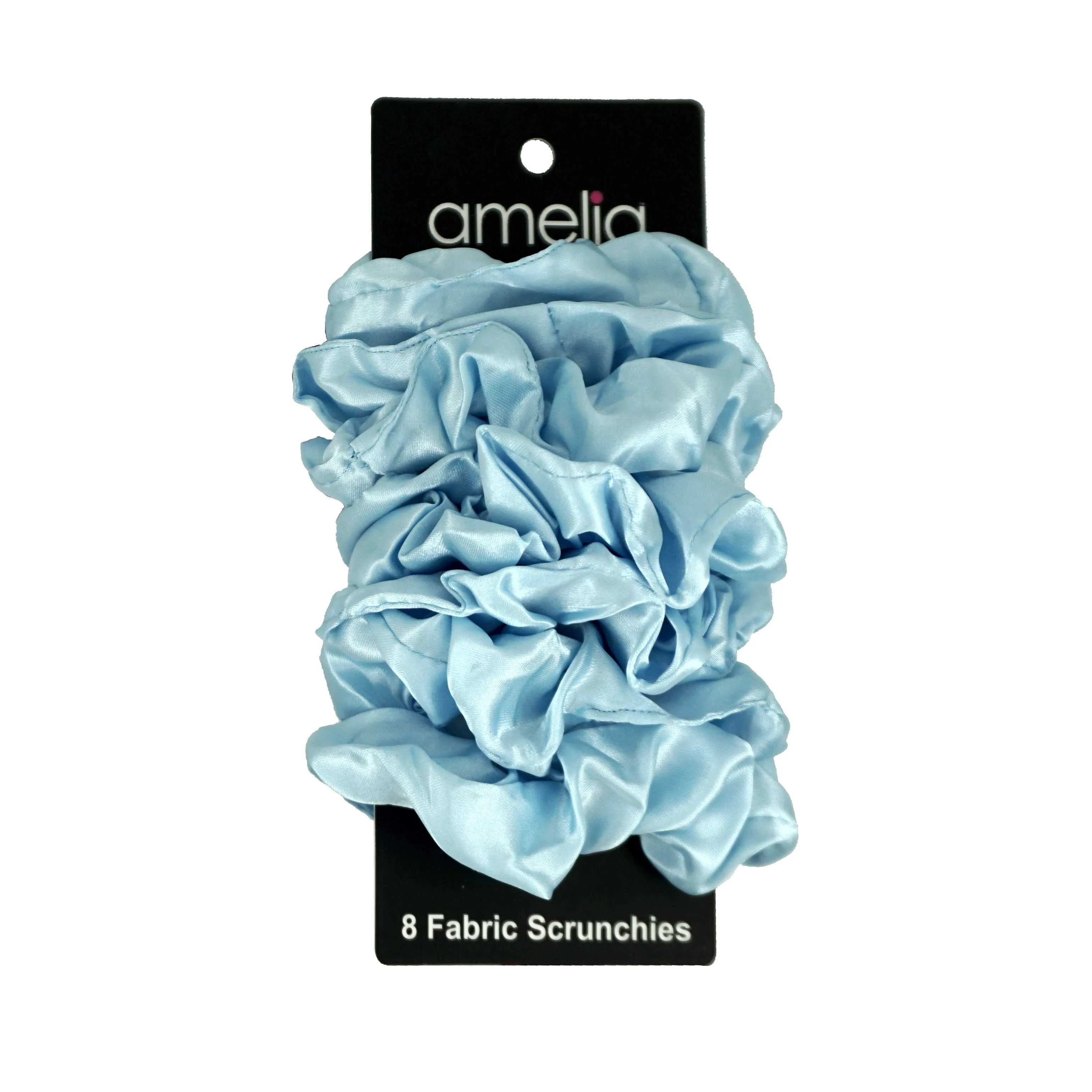 Amelia Beauty Products, Sky Satin Scrunchies, 3.5in Diameter, Gentle on Hair, Strong Hold, No Snag, No Dents or Creases. 8 Pack