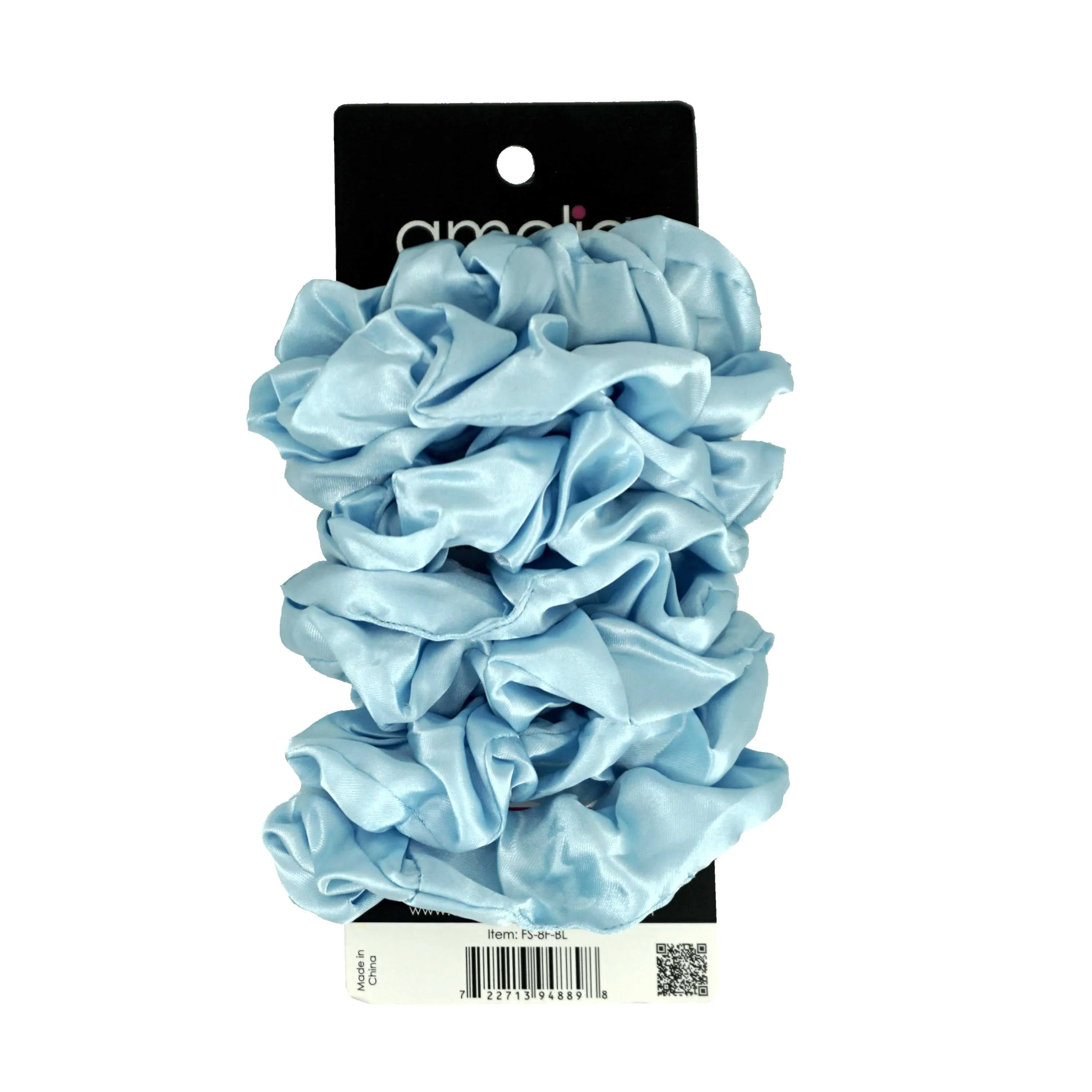 Amelia Beauty Products, Sky Satin Scrunchies, 3.5in Diameter, Gentle on Hair, Strong Hold, No Snag, No Dents or Creases. 8 Pack