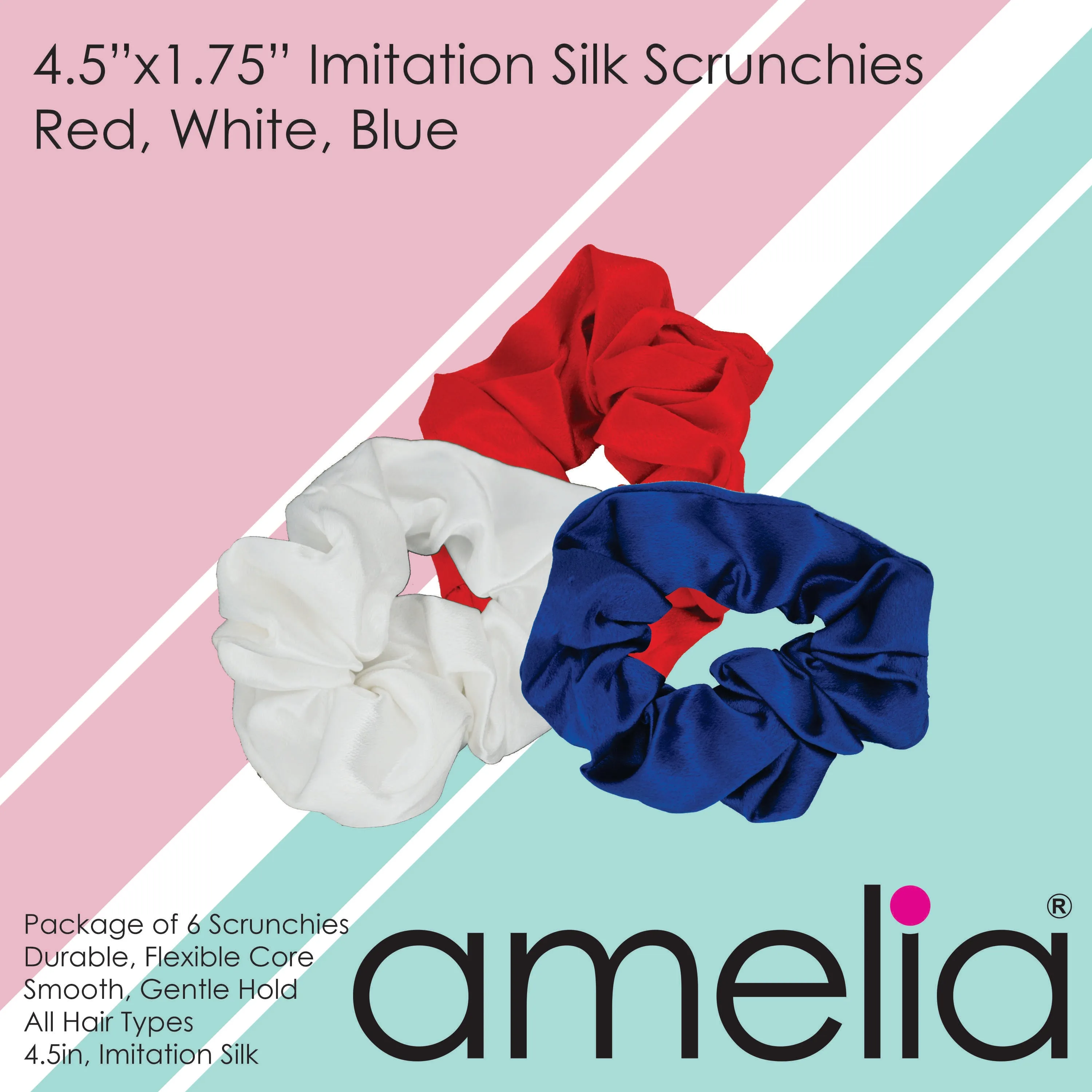 Amelia Beauty, Red, White and Blue Imitation Silk Scrunchies, 4.5in Diameter, Gentle on Hair, Strong Hold, No Snag, No Dents or Creases. 6 Pack