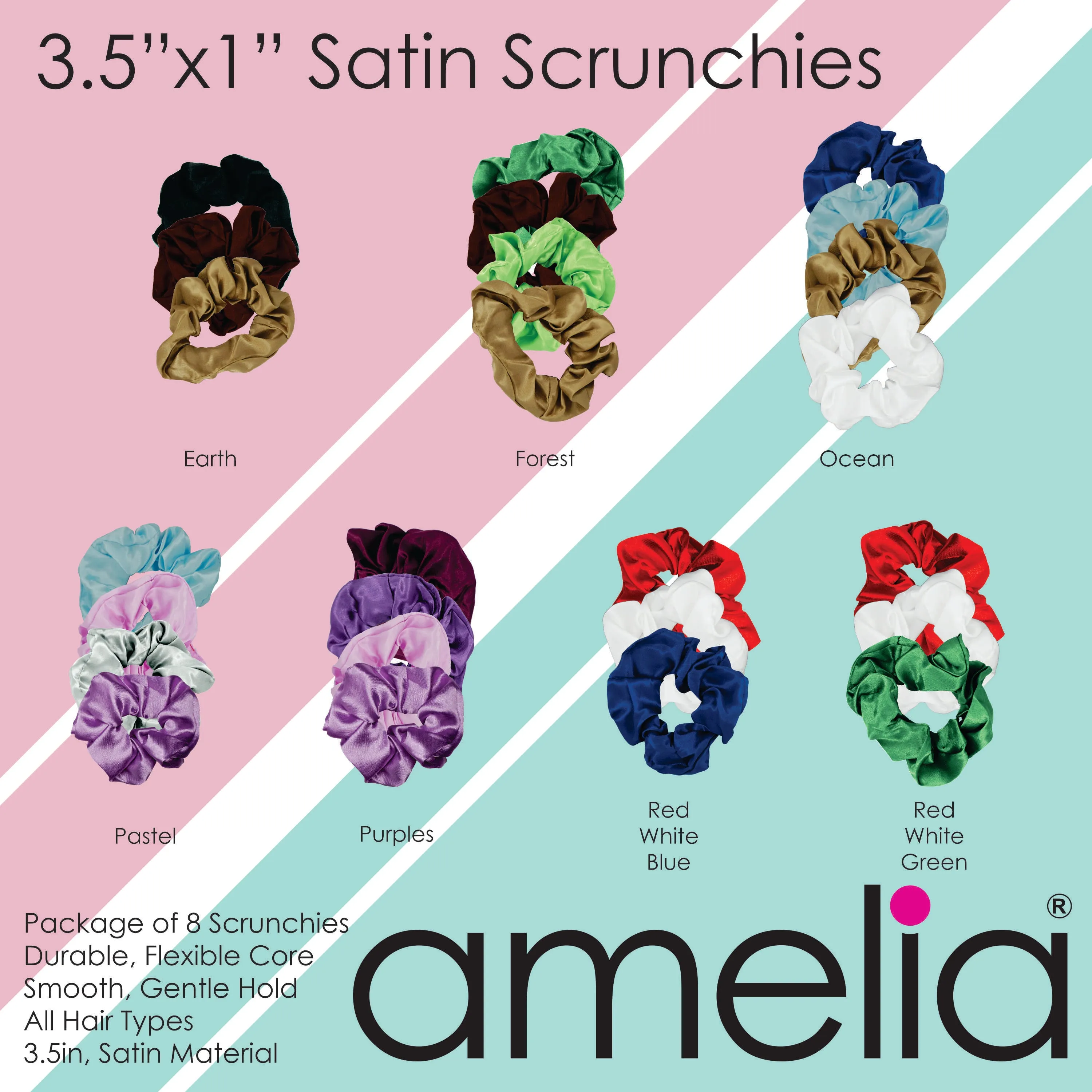 Amelia Beauty, Red, White and Blue Imitation Silk Scrunchies, 4.5in Diameter, Gentle on Hair, Strong Hold, No Snag, No Dents or Creases. 6 Pack