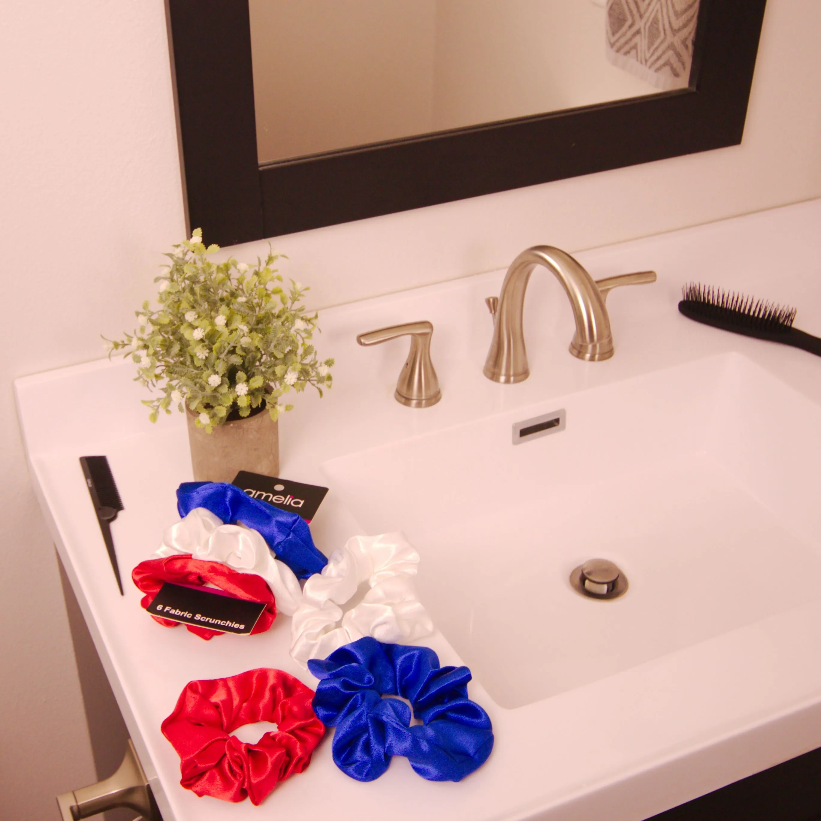 Amelia Beauty, Red, White and Blue Imitation Silk Scrunchies, 4.5in Diameter, Gentle on Hair, Strong Hold, No Snag, No Dents or Creases. 6 Pack