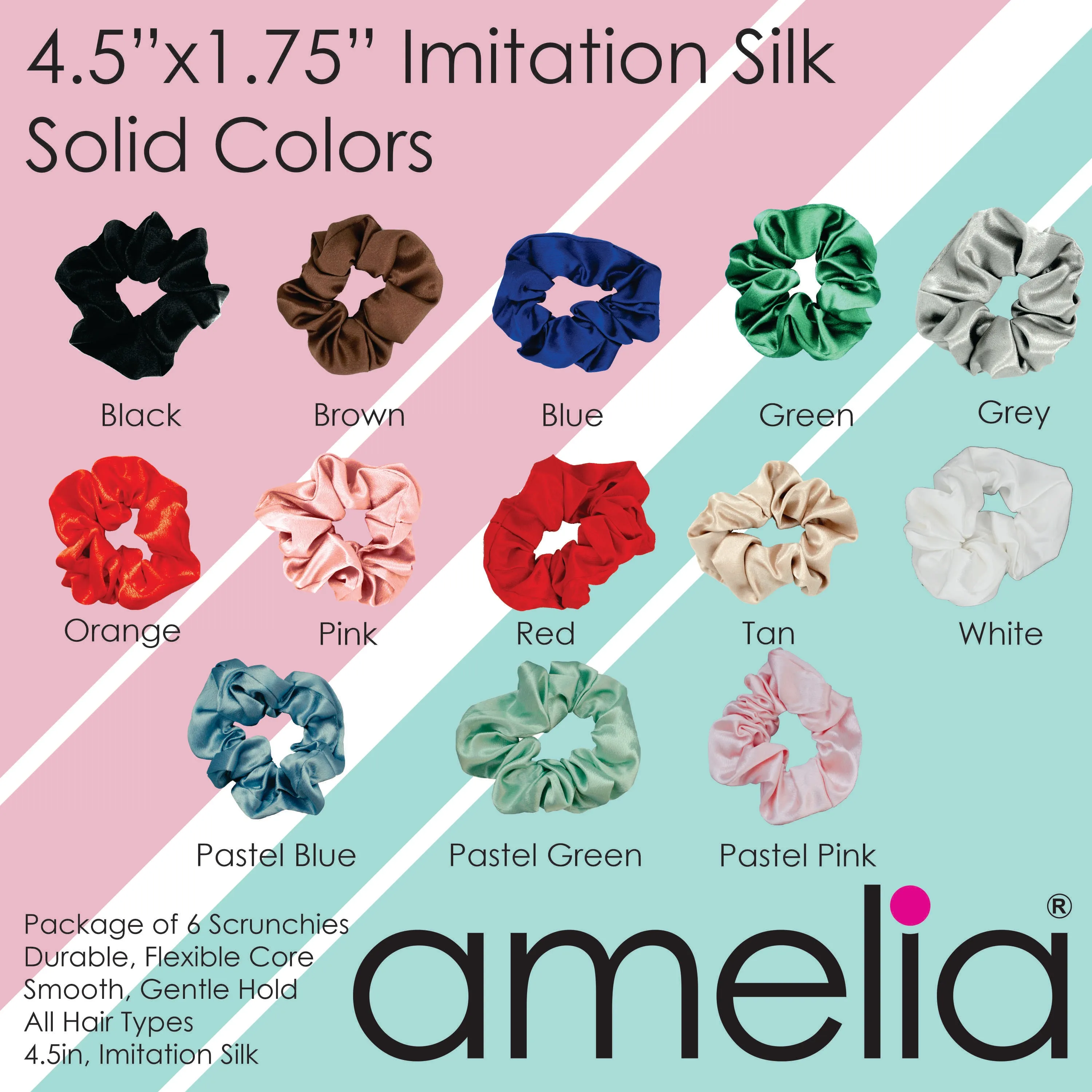 Amelia Beauty, Red, White and Blue Imitation Silk Scrunchies, 4.5in Diameter, Gentle on Hair, Strong Hold, No Snag, No Dents or Creases. 6 Pack