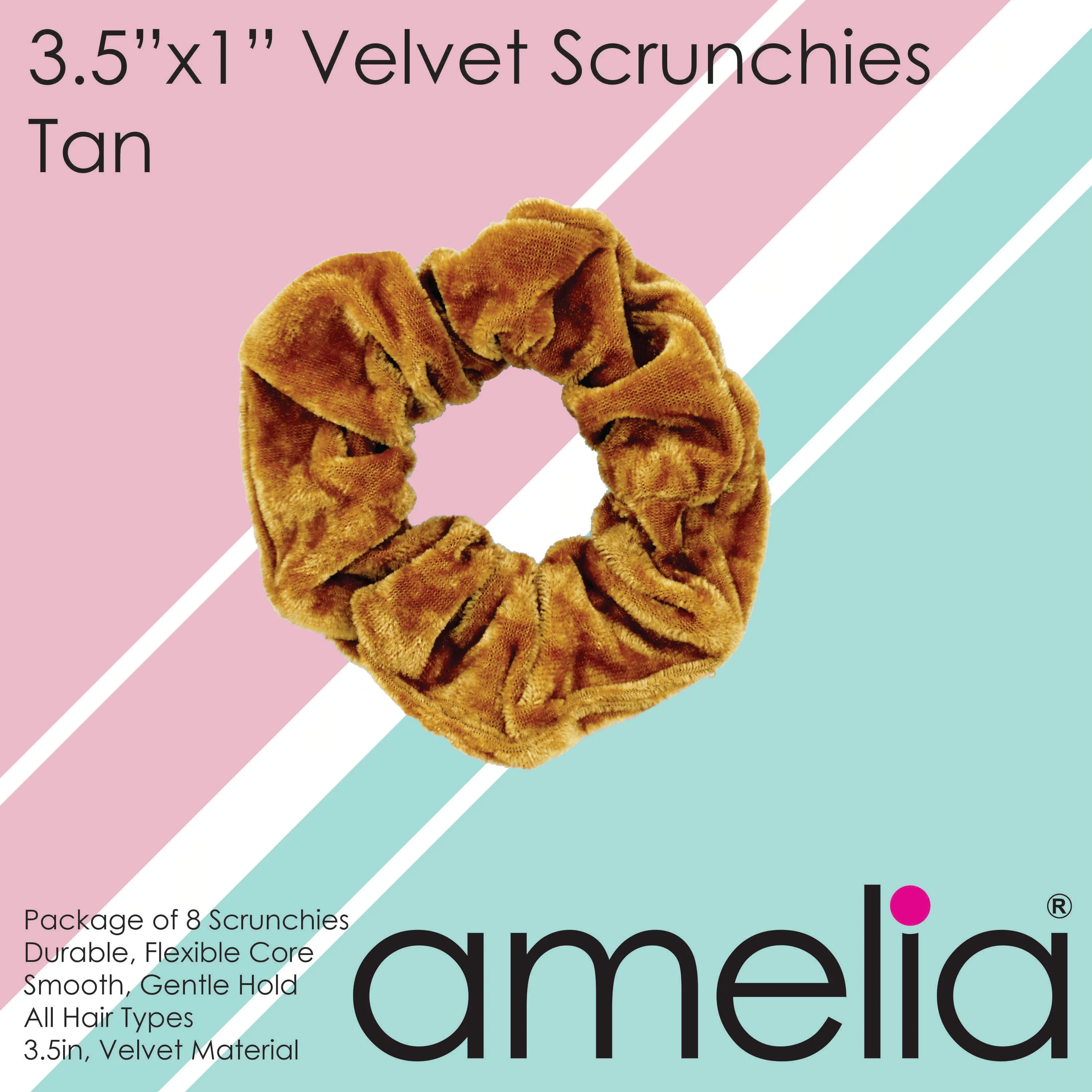 Amelia Beauty, Tan Velvet Scrunchies, 3.5in Diameter, Gentle on Hair, Strong Hold, No Snag, No Dents or Creases. 8 Pack