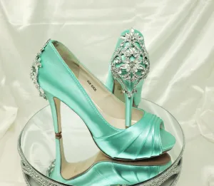 Aqua Blue Wedding Shoes with Crystal Heel Design