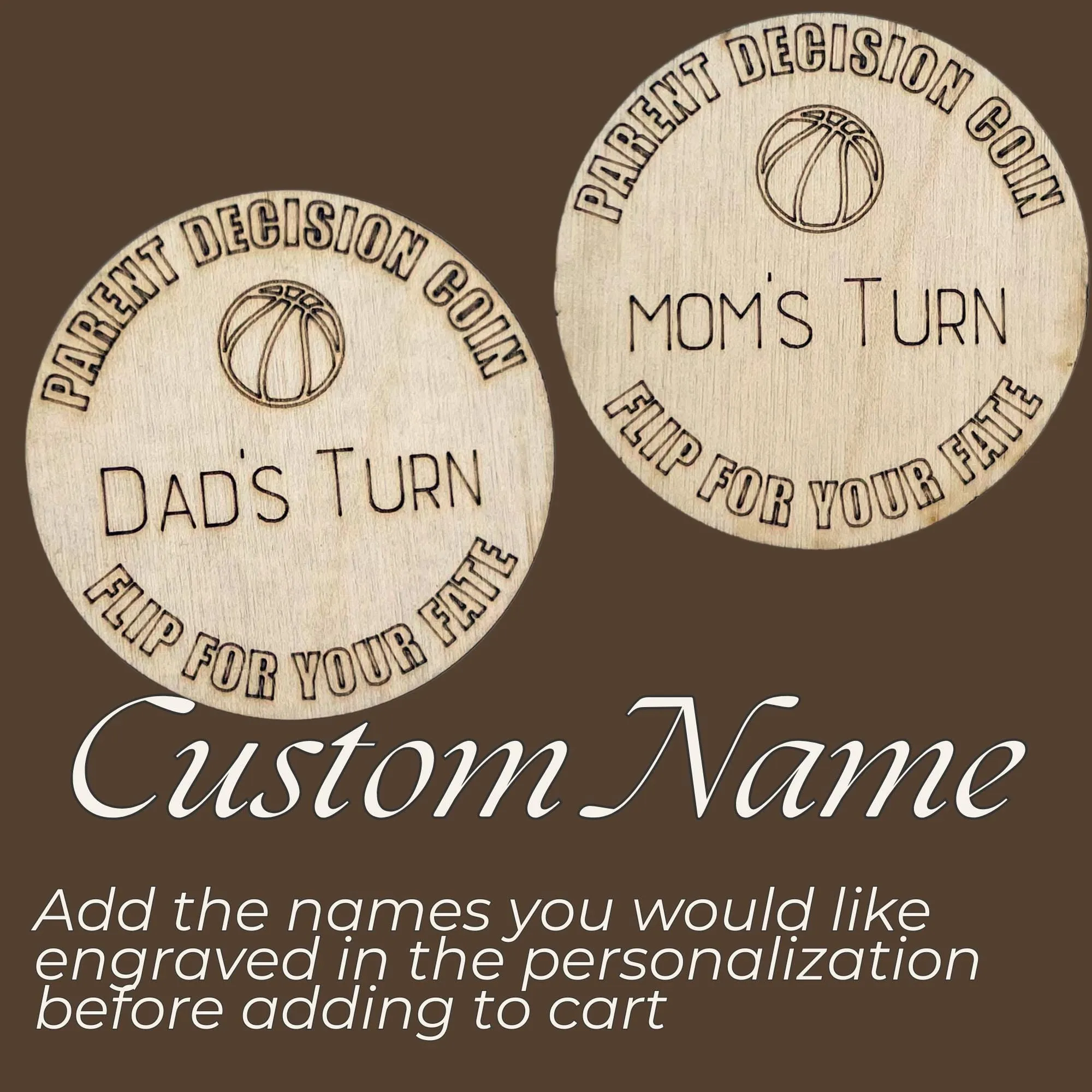 Basketball Wooden Parent Decision Coin – 3x3 Inches Engraved Baby Design | Sports Themed "Mom's Turn" & "Dad's Turn" New Parent Gift