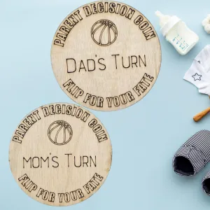 Basketball Wooden Parent Decision Coin – 3x3 Inches Engraved Baby Design | Sports Themed "Mom's Turn" & "Dad's Turn" New Parent Gift