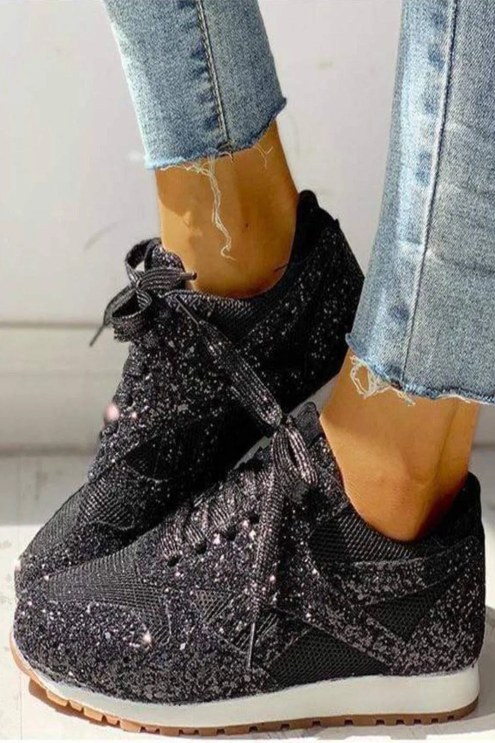 Black Lace Up Glitter Sneakers