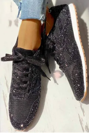 Black Lace Up Glitter Sneakers