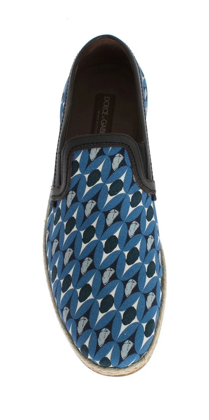 Blue Canvas Leather Pattern Loafers