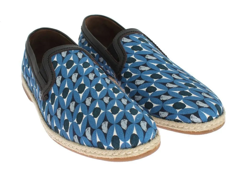 Blue Canvas Leather Pattern Loafers