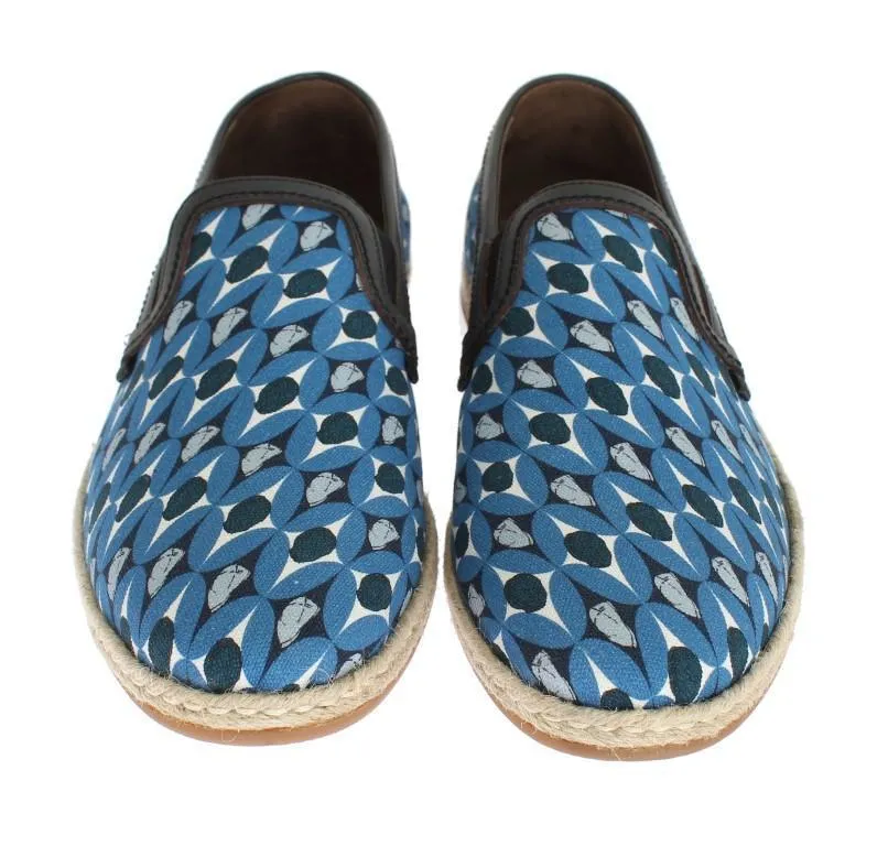 Blue Canvas Leather Pattern Loafers