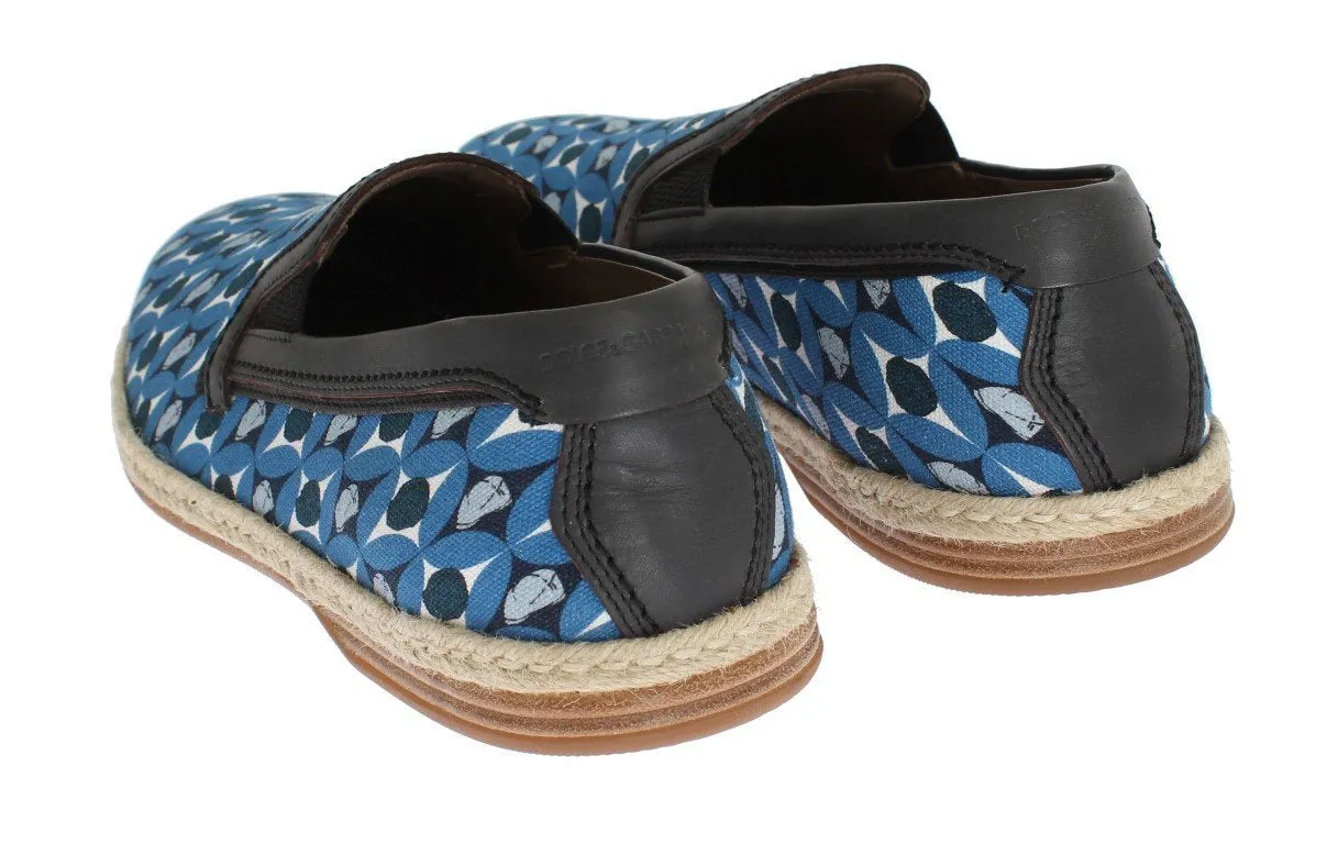 Blue Canvas Leather Pattern Loafers