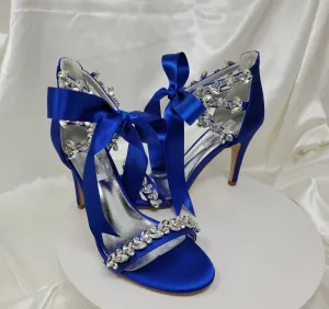 Blue Wedding Shoes with Crystals and Ribbon