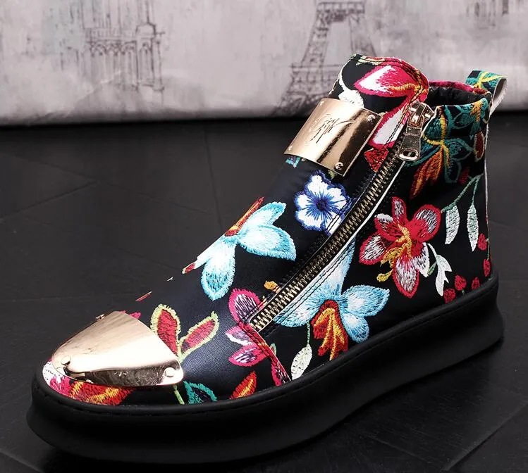 British Men Trendy flowers zipper Casual Flats high tops Shoes