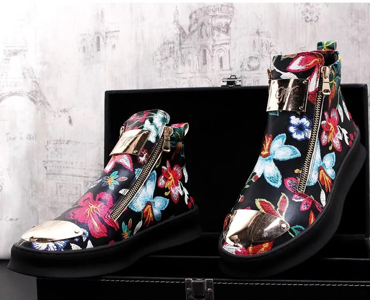 British Men Trendy flowers zipper Casual Flats high tops Shoes