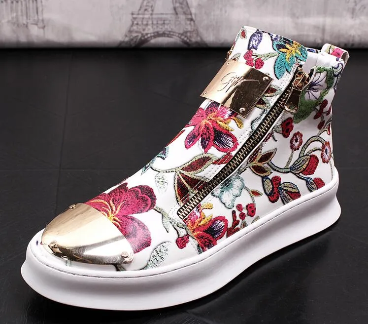 British Men Trendy flowers zipper Casual Flats high tops Shoes