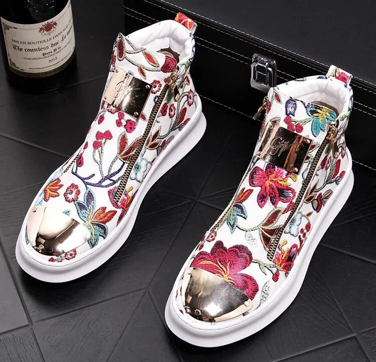British Men Trendy flowers zipper Casual Flats high tops Shoes