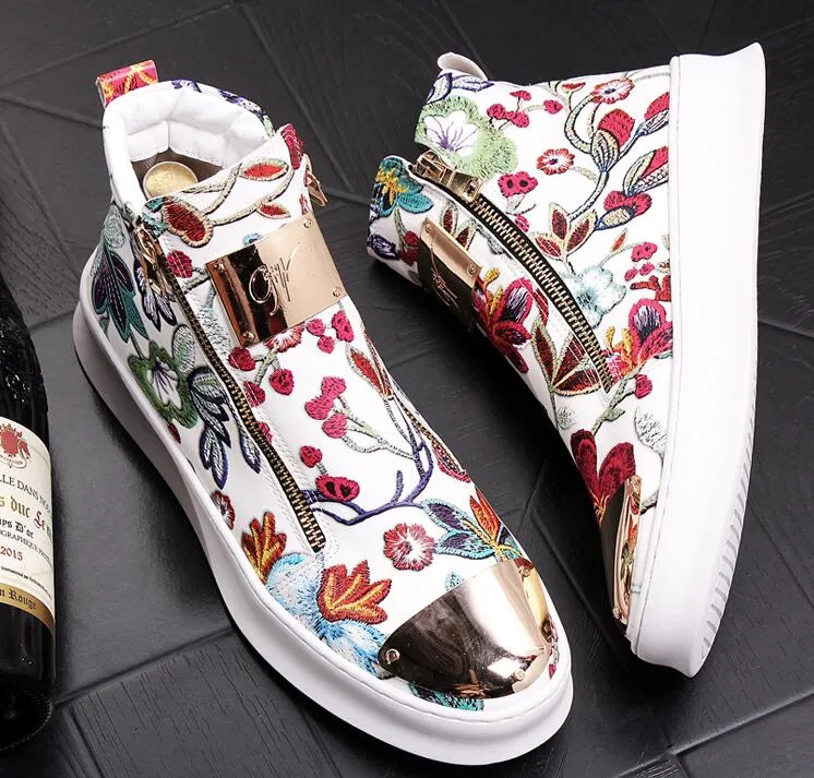 British Men Trendy flowers zipper Casual Flats high tops Shoes