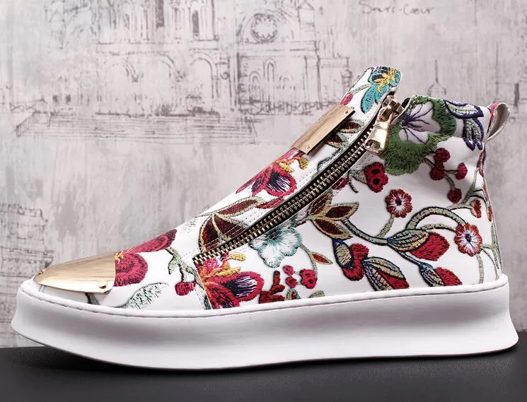 British Men Trendy flowers zipper Casual Flats high tops Shoes