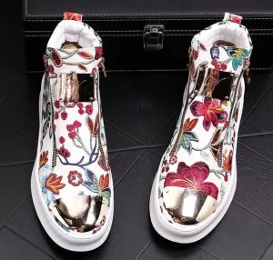British Men Trendy flowers zipper Casual Flats high tops Shoes
