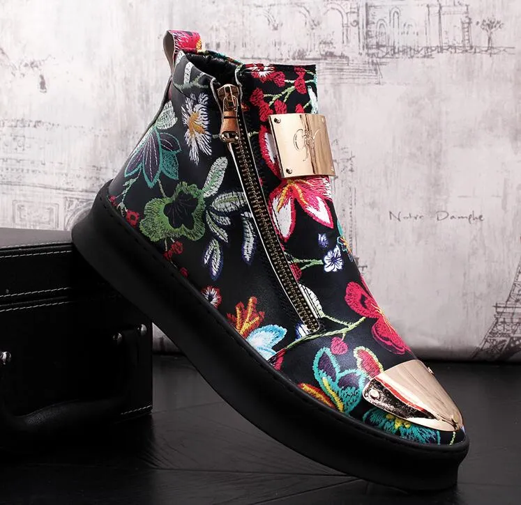 British Men Trendy flowers zipper Casual Flats high tops Shoes