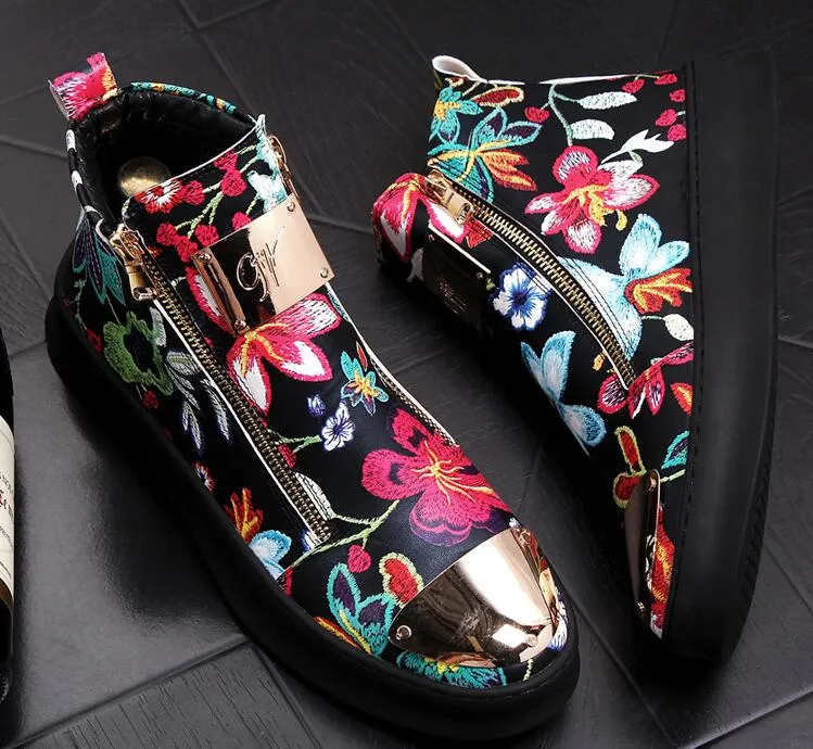 British Men Trendy flowers zipper Casual Flats high tops Shoes