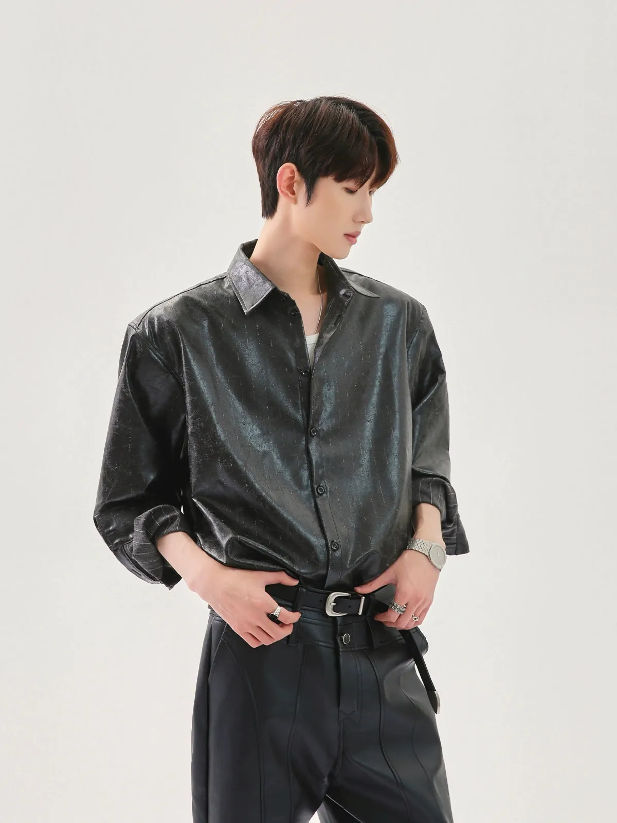 Casual Cracked PU Leather Shirt
